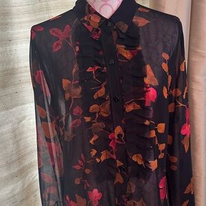 CAbi Black and Orange Floral Blouse